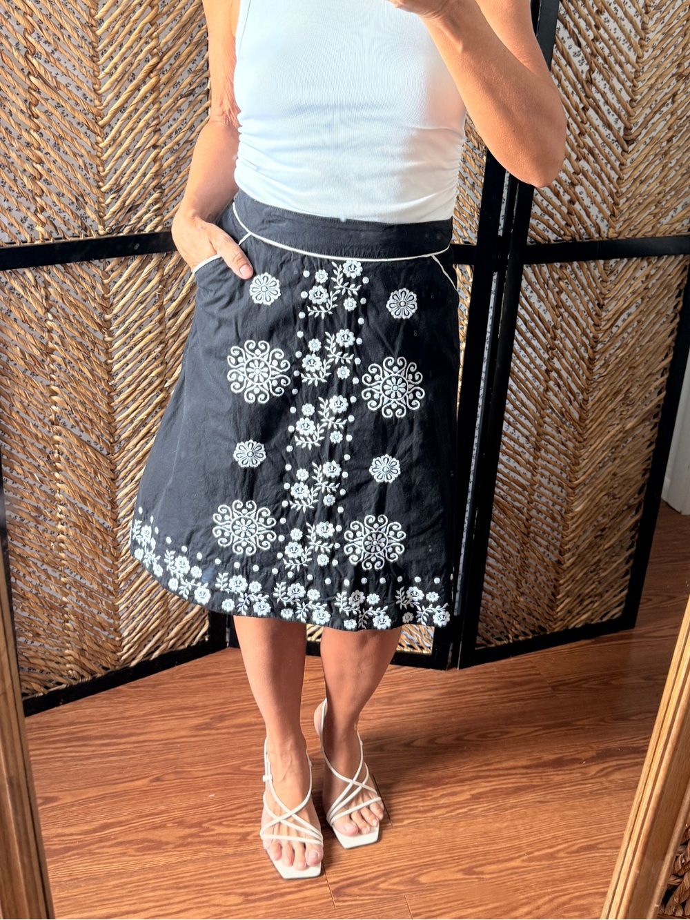 XOXO Black A-Line Skirt with White Floral Embroidery
